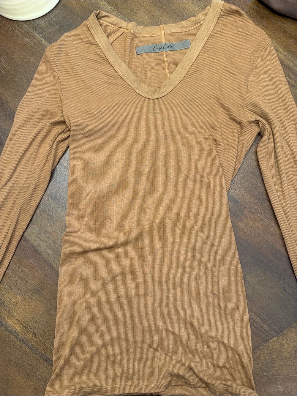 Enza Costa Ribbed V-Neck Long Sleeve Top in Camel